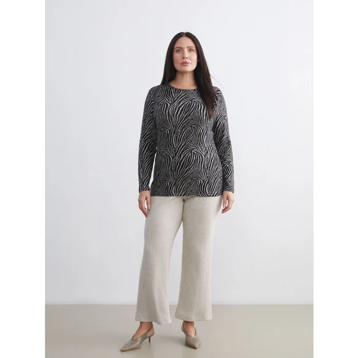 LCWAIKIKI Basic Kahverengi Bisiklet Yaka Desenli Bluz