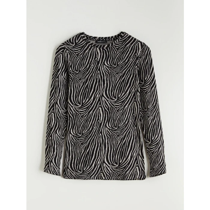 LCWAIKIKI Basic Kahverengi Bisiklet Yaka Desenli Bluz