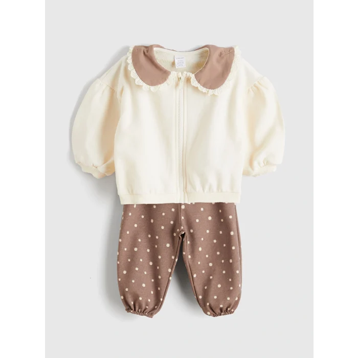 LCW baby Ekru Bebe Yaka Kız Bebek Hırka ve Pantolon