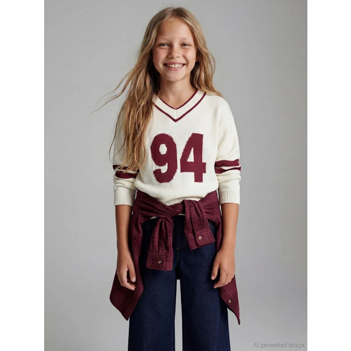 LCW Kids Ekru V Yaka Kız Çocuk Triko Kazak