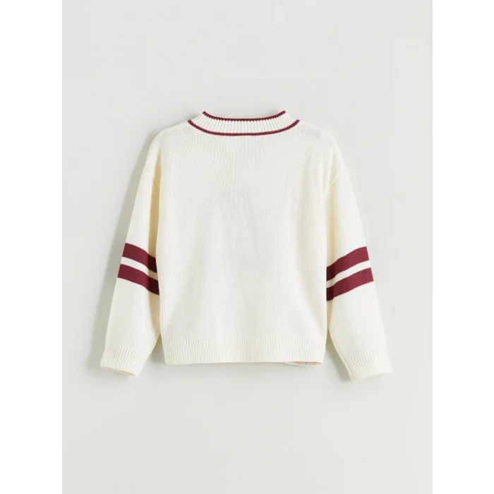 LCW Kids Ekru V Yaka Kız Çocuk Triko Kazak