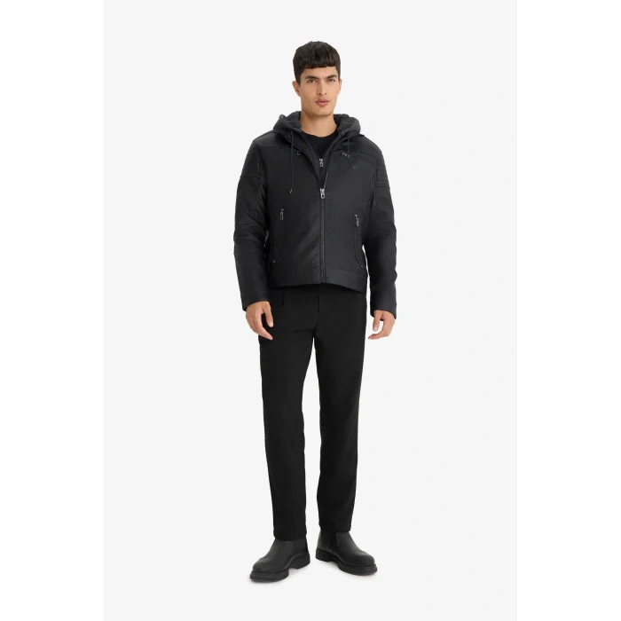 Defacto N9693AZBK27 Siyah Su İtici Slim Fit Dar Kesim Çıkarılabilir Kapüşonlu Pelüş Astarlı Fermuarlı Suni Deri Ceket Mont