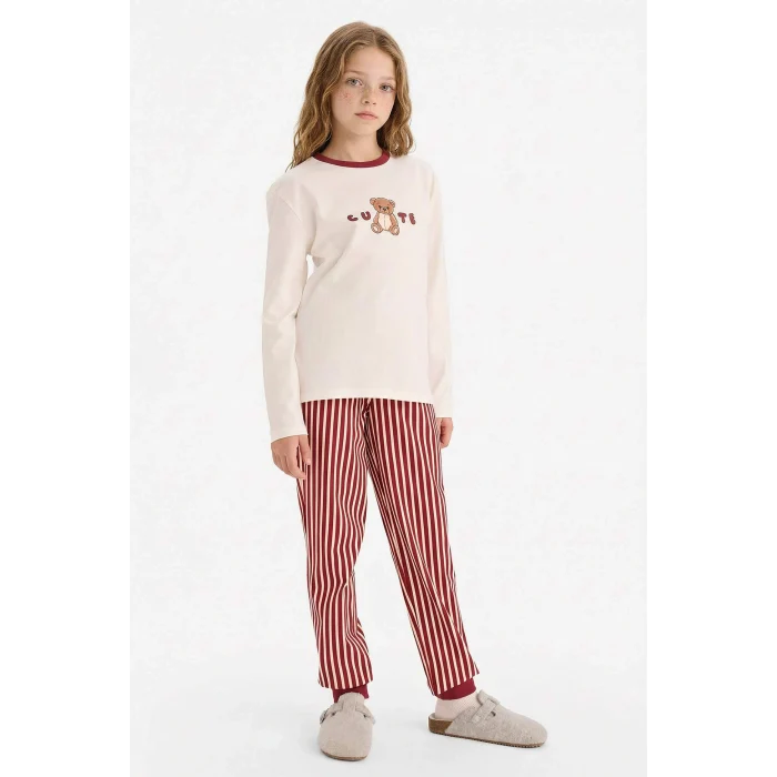 Defacto F7289A8ER136 Ekru Kız Çocuk Pijama Takımı Baskılı Uzun Kollu Üst Çizgili Uzun Alt