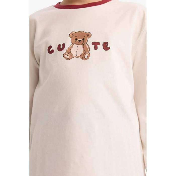 Defacto F7289A8ER136 Ekru Kız Çocuk Pijama Takımı Baskılı Uzun Kollu Üst Çizgili Uzun Alt