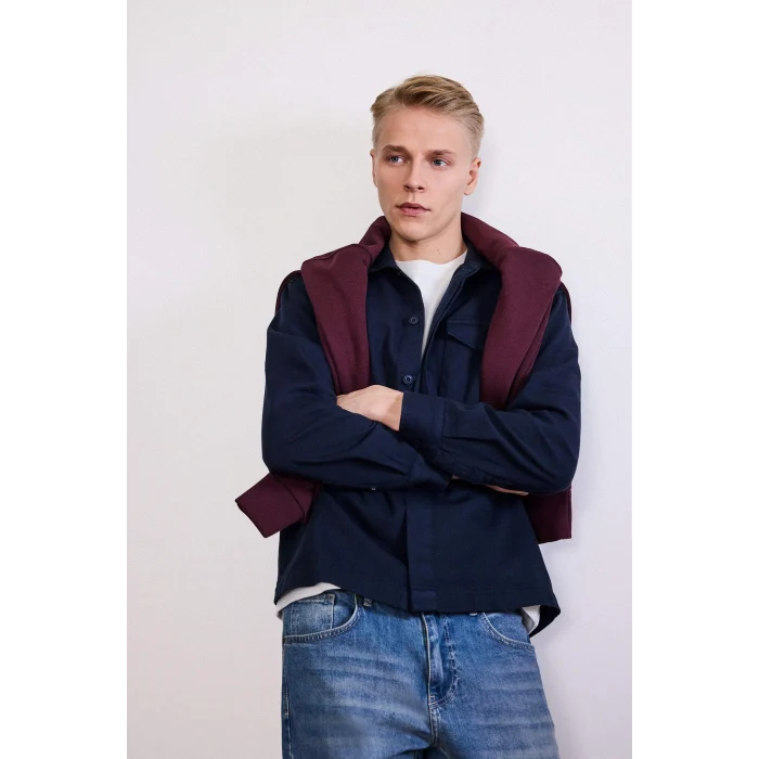 Defacto F7124AXNV64 Lacivert Boxy Fit Polo Yaka Twill Uzun Kollu Gömlek