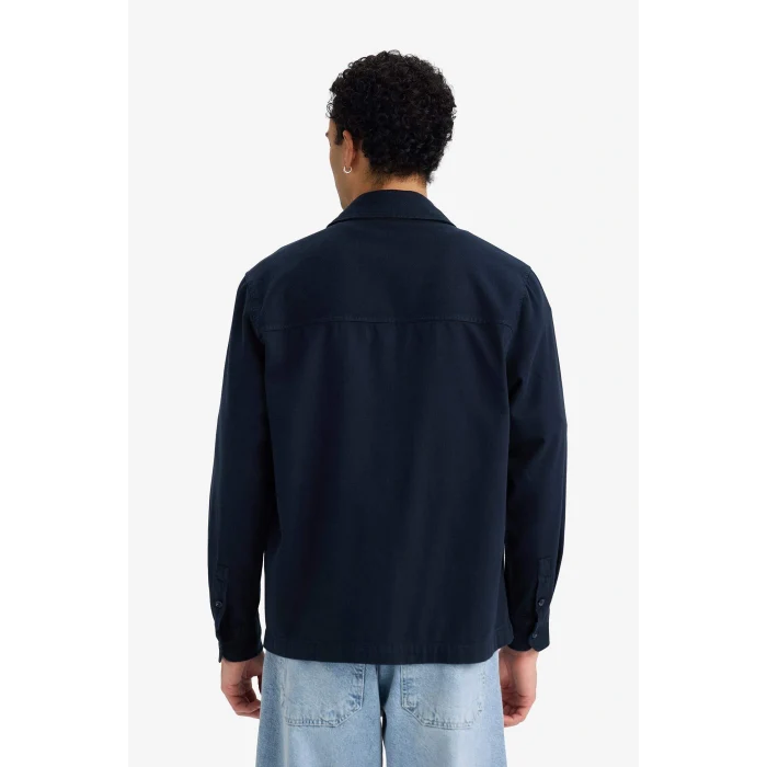 Defacto F7124AXNV64 Lacivert Boxy Fit Polo Yaka Twill Uzun Kollu Gömlek