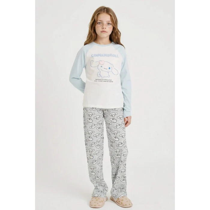Defacto G3296A8ER105 Ekru Kız Çocuk Hello Kitty Pijama Takımı Uzun Kollu Üst Uzun Alt