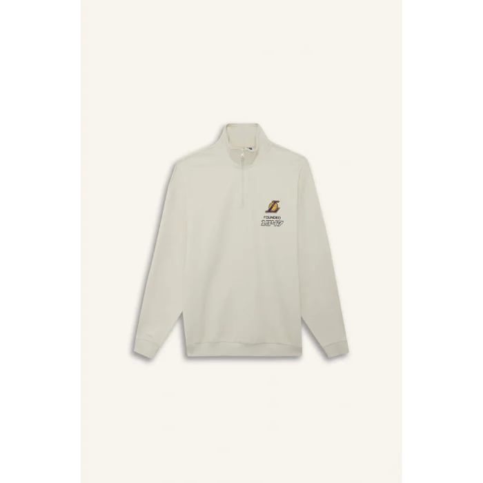 Defacto E9637AXBG662 Bej NBA Los Angeles Lakers Oversize Geniş Kalıp Dik Yaka Yarım Fermuarlı Jakarlı Sweatshirt