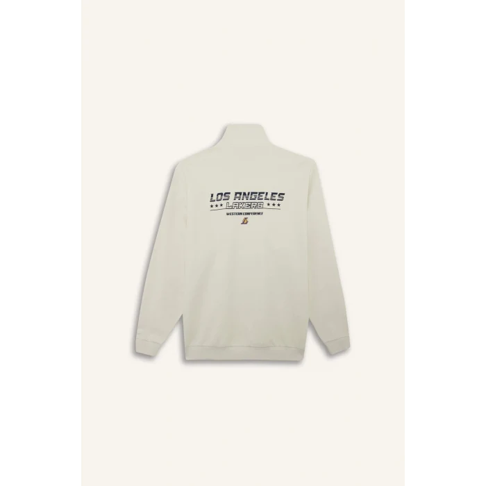 Defacto E9637AXBG662 Bej NBA Los Angeles Lakers Oversize Geniş Kalıp Dik Yaka Yarım Fermuarlı Jakarlı Sweatshirt