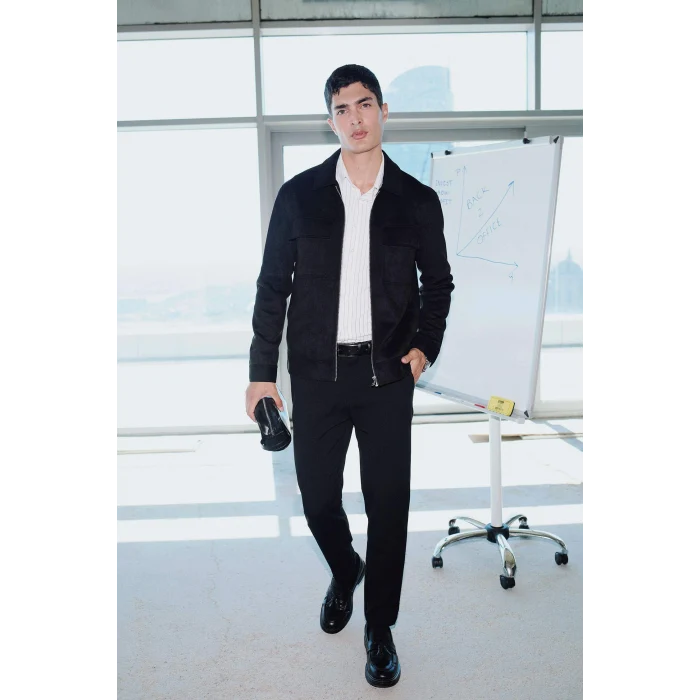 Defacto Y5362AZBK27 Siyah Slim Fit Dar Kesim Polo Yaka Astarlı Fermuarlı Cepli Mevsimlik Baharlık Süet Mont