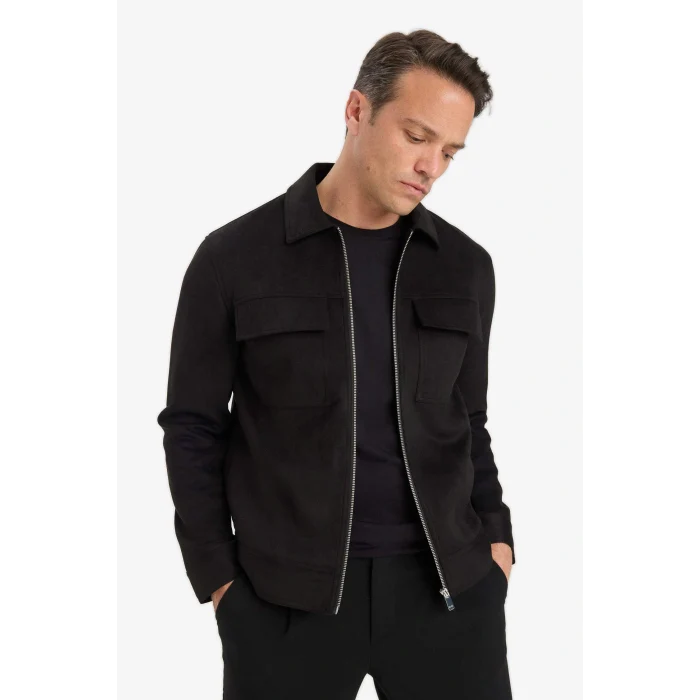 Defacto Y5362AZBK27 Siyah Slim Fit Dar Kesim Polo Yaka Astarlı Fermuarlı Cepli Mevsimlik Baharlık Süet Mont