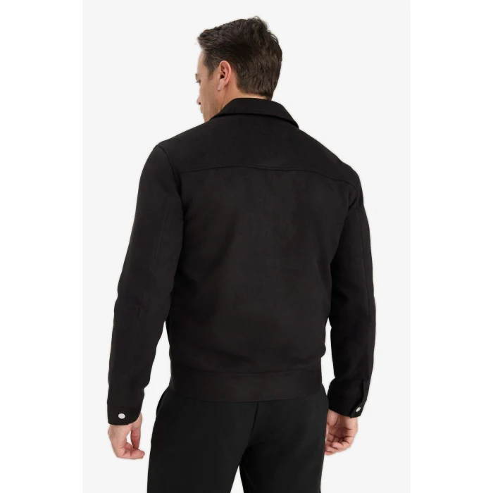 Defacto Y5362AZBK27 Siyah Slim Fit Dar Kesim Polo Yaka Astarlı Fermuarlı Cepli Mevsimlik Baharlık Süet Mont