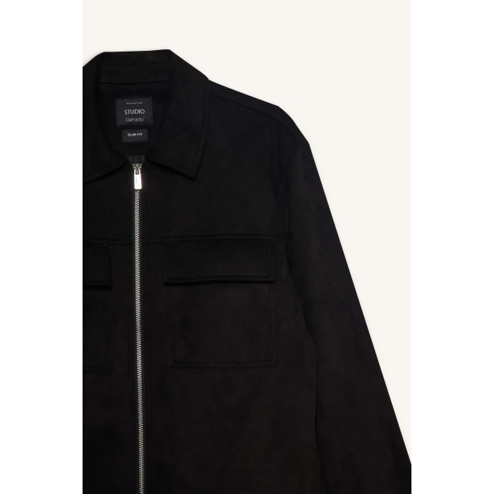 Defacto Y5362AZBK27 Siyah Slim Fit Dar Kesim Polo Yaka Astarlı Fermuarlı Cepli Mevsimlik Baharlık Süet Mont