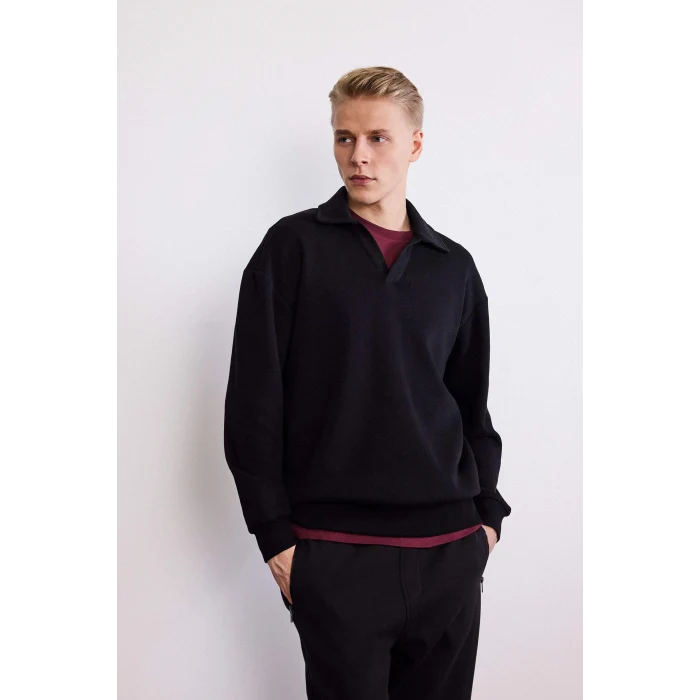 Defacto G6475AXBK81 Siyah Boxy Fit Polo Yaka Sweatshirt