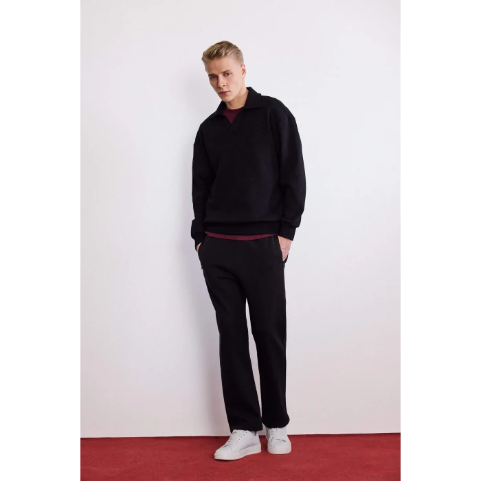 Defacto G6475AXBK81 Siyah Boxy Fit Polo Yaka Sweatshirt