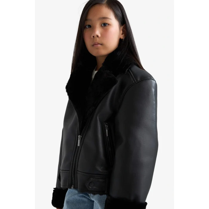 Defacto F0562A8BK27 Siyah Kız Çocuk Ceket Yaka Suni Kürk Astarlı Mont