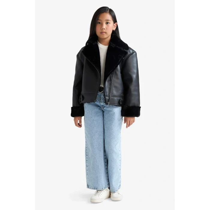 Defacto F0562A8BK27 Siyah Kız Çocuk Ceket Yaka Suni Kürk Astarlı Mont