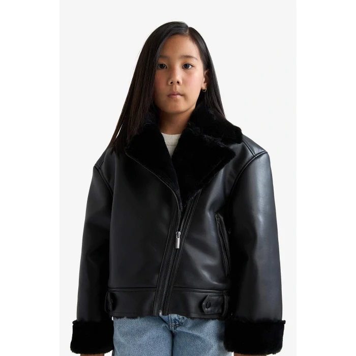 Defacto F0562A8BK27 Siyah Kız Çocuk Ceket Yaka Suni Kürk Astarlı Mont