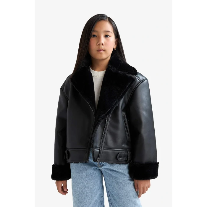 Defacto F0562A8BK27 Siyah Kız Çocuk Ceket Yaka Suni Kürk Astarlı Mont