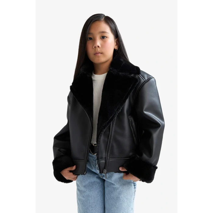 Defacto F0562A8BK27 Siyah Kız Çocuk Ceket Yaka Suni Kürk Astarlı Mont