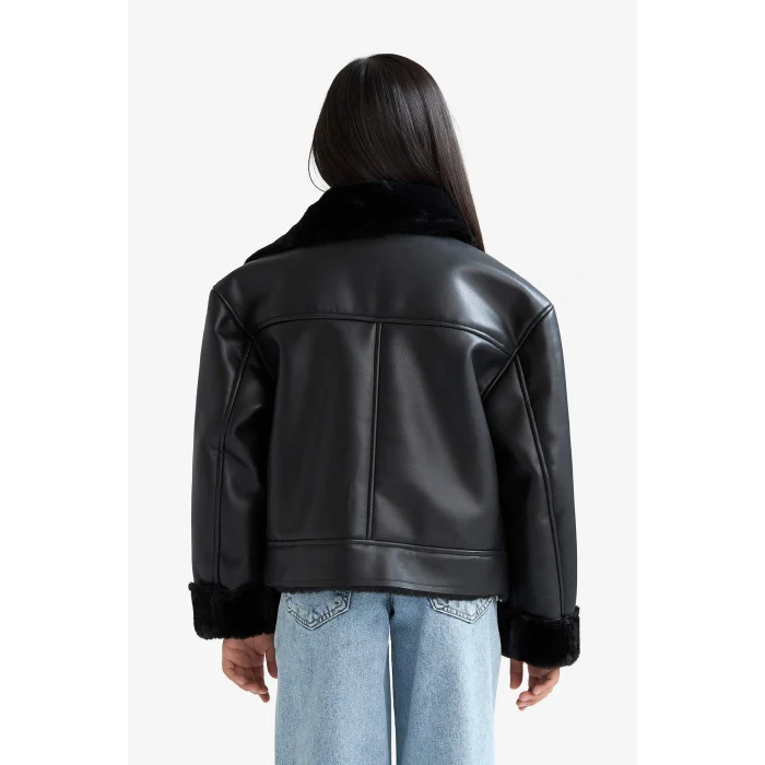 Defacto F0562A8BK27 Siyah Kız Çocuk Ceket Yaka Suni Kürk Astarlı Mont