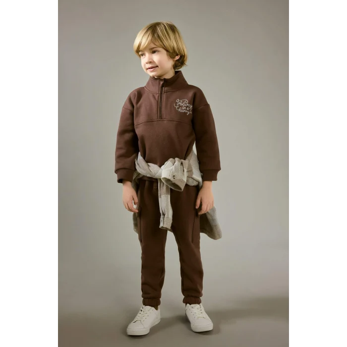 Defacto G1126A5BN334 Kahve Erkek Bebek 2li Takım Baskılı Yarım Fermuarlı Sweatshirt Eşofman Altı