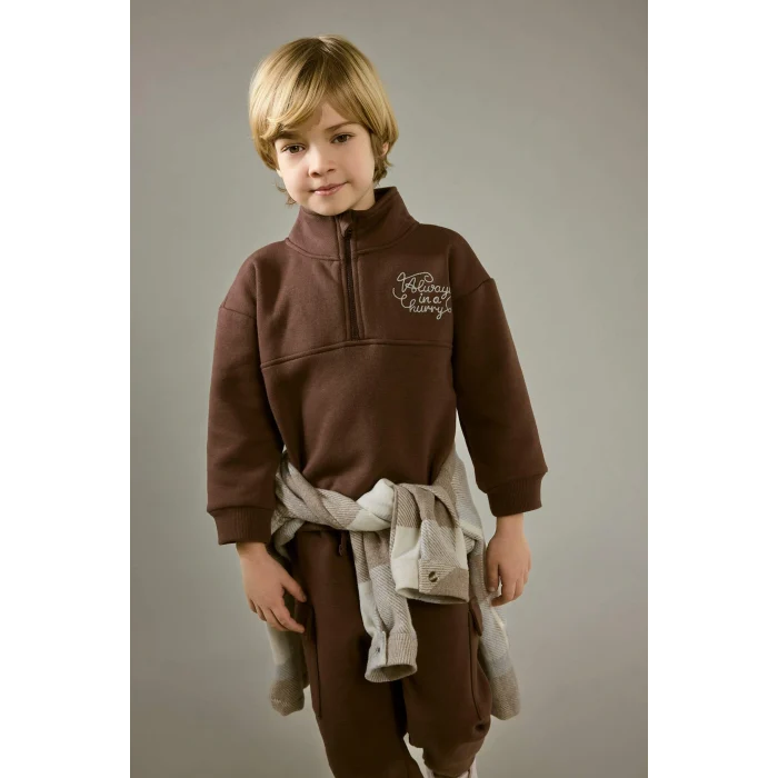 Defacto G1126A5BN334 Kahve Erkek Bebek 2li Takım Baskılı Yarım Fermuarlı Sweatshirt Eşofman Altı