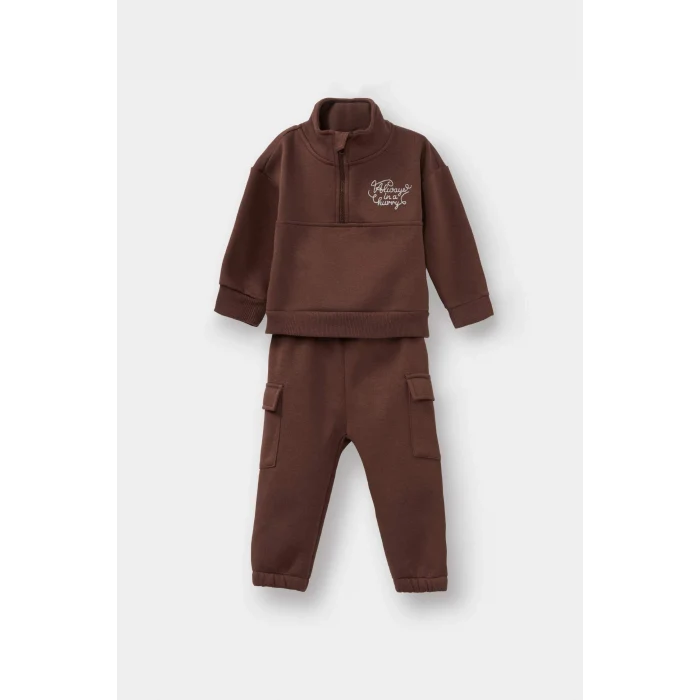 Defacto G1126A5BN334 Kahve Erkek Bebek 2li Takım Baskılı Yarım Fermuarlı Sweatshirt Eşofman Altı