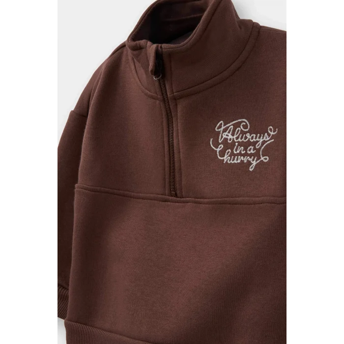 Defacto G1126A5BN334 Kahve Erkek Bebek 2li Takım Baskılı Yarım Fermuarlı Sweatshirt Eşofman Altı