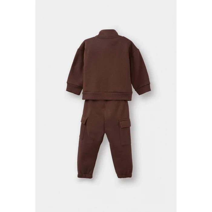 Defacto G1126A5BN334 Kahve Erkek Bebek 2li Takım Baskılı Yarım Fermuarlı Sweatshirt Eşofman Altı