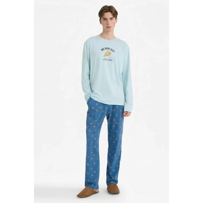 Defacto G4959AXTR487 Turkuaz Pijama Takımı Regular Fit Baskılı Uzun Kollu Üst Desenli Uzun Alt