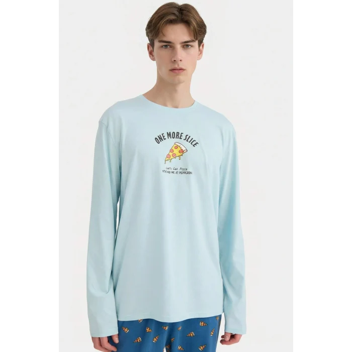 Defacto G4959AXTR487 Turkuaz Pijama Takımı Regular Fit Baskılı Uzun Kollu Üst Desenli Uzun Alt