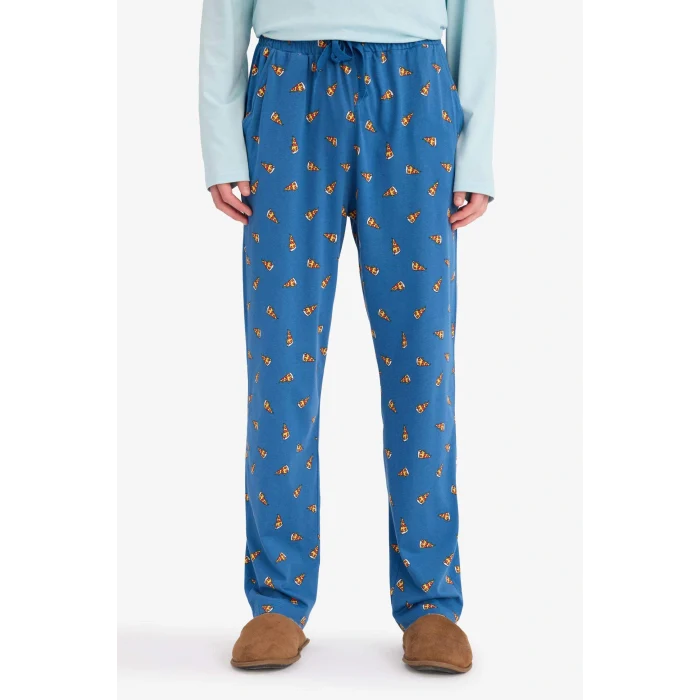 Defacto G4959AXTR487 Turkuaz Pijama Takımı Regular Fit Baskılı Uzun Kollu Üst Desenli Uzun Alt