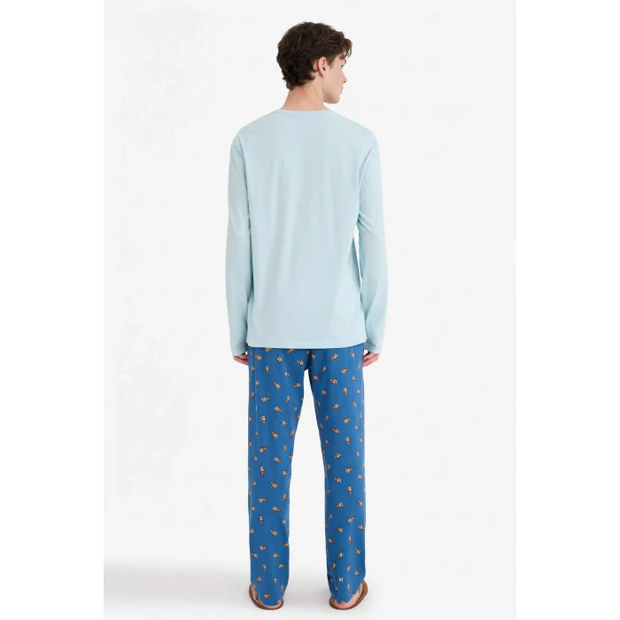 Defacto G4959AXTR487 Turkuaz Pijama Takımı Regular Fit Baskılı Uzun Kollu Üst Desenli Uzun Alt