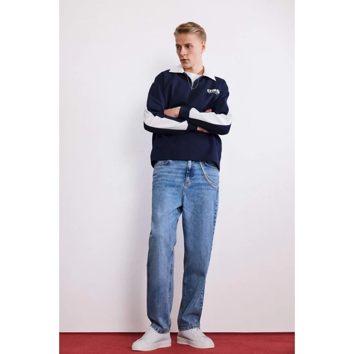 Defacto G6474AXNV253 Lacivert Boxy Fit Polo Yaka Yarım Fermuarlı Baskılı Sweatshirt