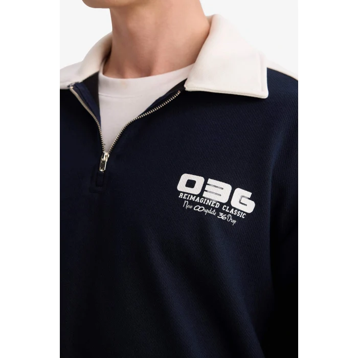 Defacto G6474AXNV253 Lacivert Boxy Fit Polo Yaka Yarım Fermuarlı Baskılı Sweatshirt