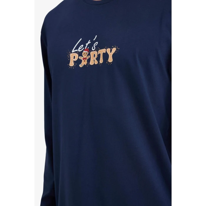 Defacto G7274AXNV31 Lacivert Yılbaşı Temalı Pijama Takımı Regular Fit Uzun Kollu Üst Uzun Alt