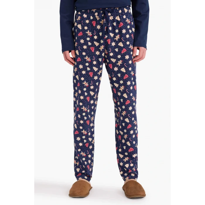 Defacto G7274AXNV31 Lacivert Yılbaşı Temalı Pijama Takımı Regular Fit Uzun Kollu Üst Uzun Alt