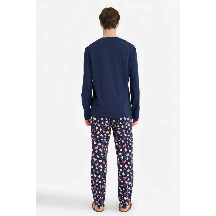 Defacto G7274AXNV31 Lacivert Yılbaşı Temalı Pijama Takımı Regular Fit Uzun Kollu Üst Uzun Alt