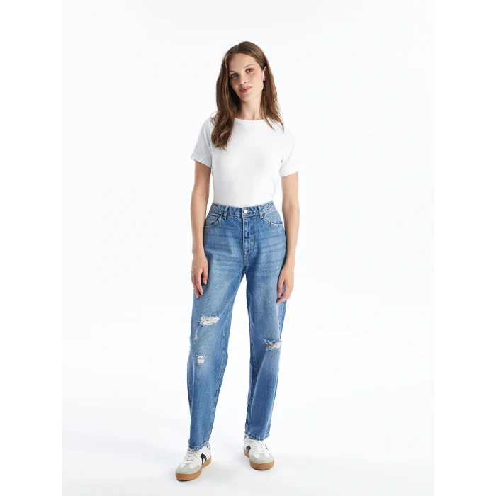 LCW Jeans İndigo Yırtık Detaylı Boyfriend Fit Kadın Jean Pantolon