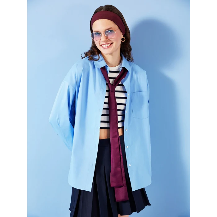 LCW Vision Mavi Düz Uzun Kollu Oversize Kadın Gömlek