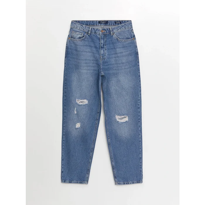 LCW Jeans İndigo Yırtık Detaylı Boyfriend Fit Kadın Jean Pantolon