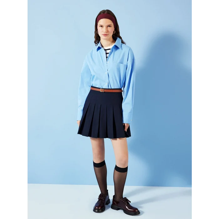 LCW Vision Mavi Düz Uzun Kollu Oversize Kadın Gömlek