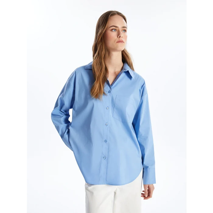 LCW Vision Mavi Düz Uzun Kollu Oversize Kadın Gömlek
