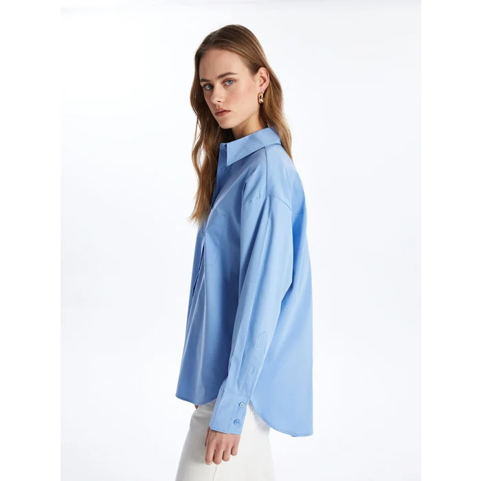 LCW Vision Mavi Düz Uzun Kollu Oversize Kadın Gömlek