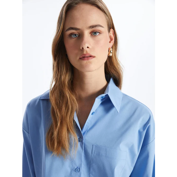LCW Vision Mavi Düz Uzun Kollu Oversize Kadın Gömlek