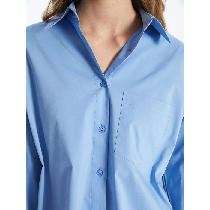 LCW Vision Mavi Düz Uzun Kollu Oversize Kadın Gömlek