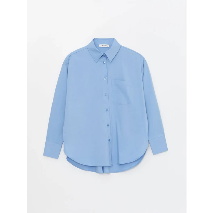 LCW Vision Mavi Düz Uzun Kollu Oversize Kadın Gömlek