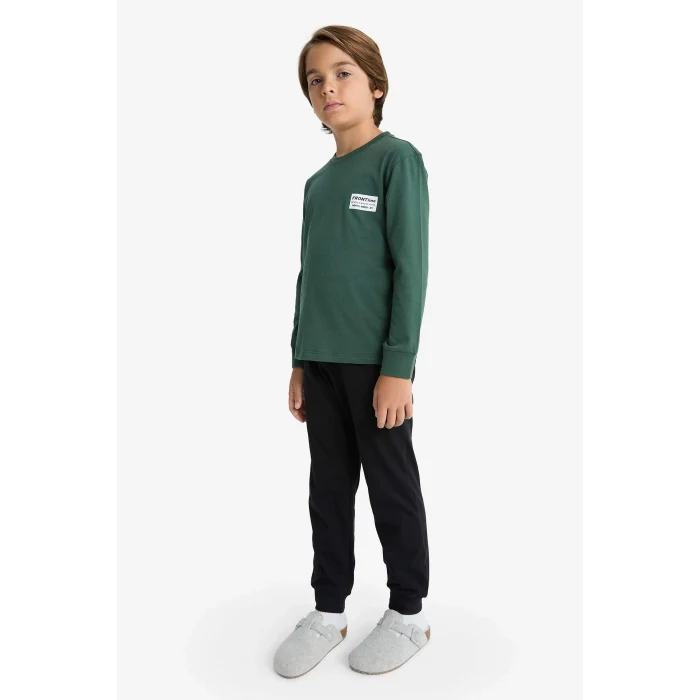 Defacto F3346A8GN438 Yeşil Erkek Çocuk Pijama Takımı Baskılı Uzun Kollu Üst Uzun Alt