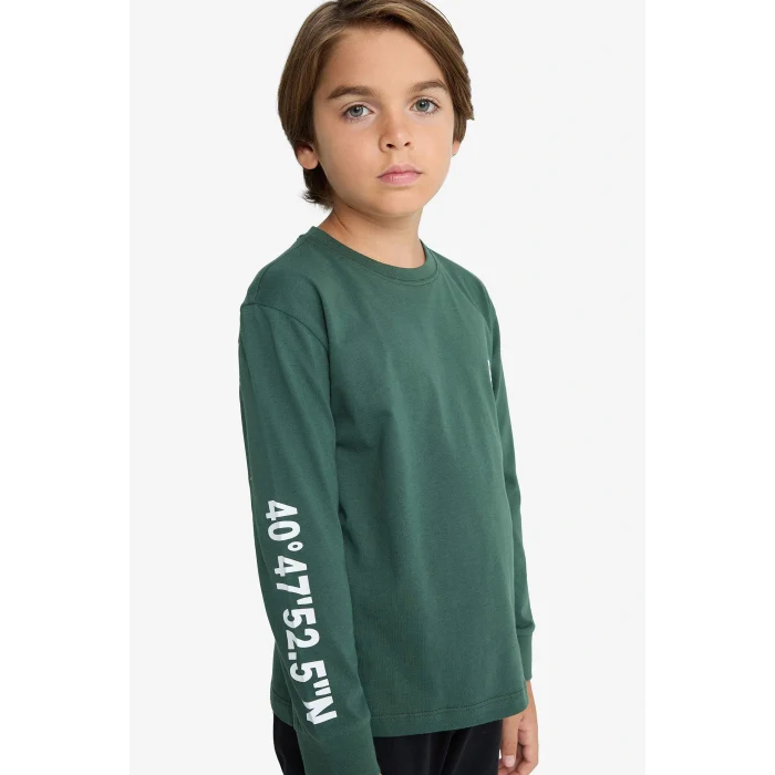 Defacto F3346A8GN438 Yeşil Erkek Çocuk Pijama Takımı Baskılı Uzun Kollu Üst Uzun Alt